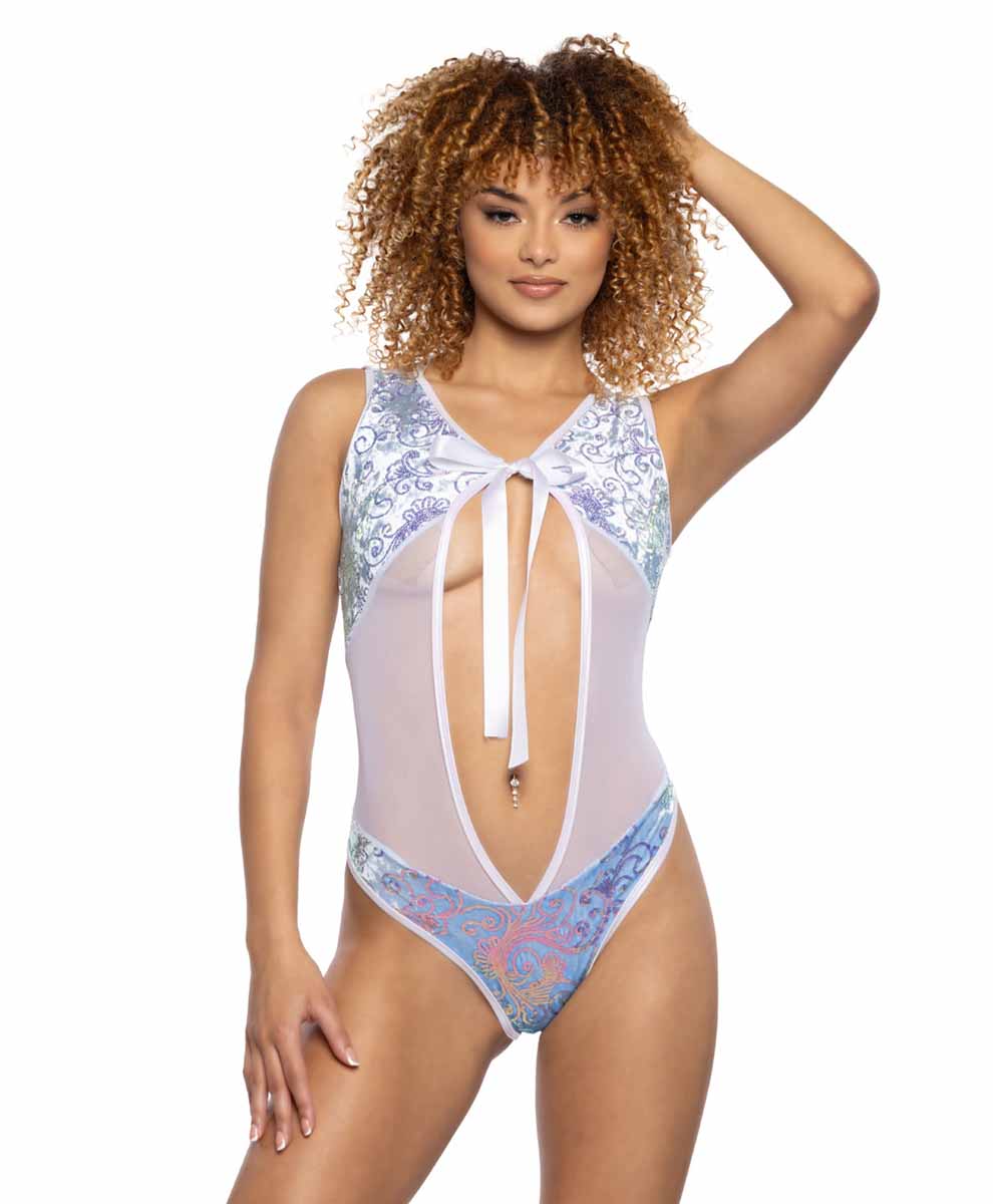 JV-JR132 Baby Blue Sequin Velvet & Mesh Bow Bodysuit Ravewear Sets JValentine   