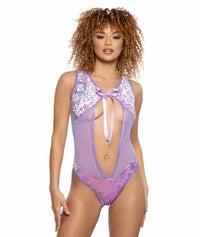 JV-JR132 Lavender Sequin Velvet & Mesh Bow Bodysuit Ravewear Sets JValentine   