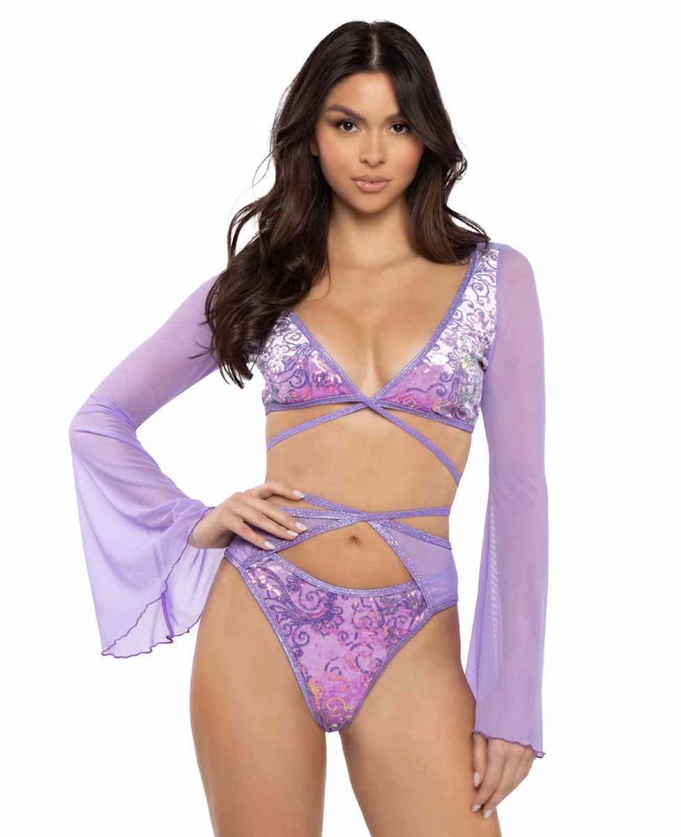 JV-JR134 Lavender Sequin Velvet & Mesh Wrap Bottom Ravewear Sets JValentine   