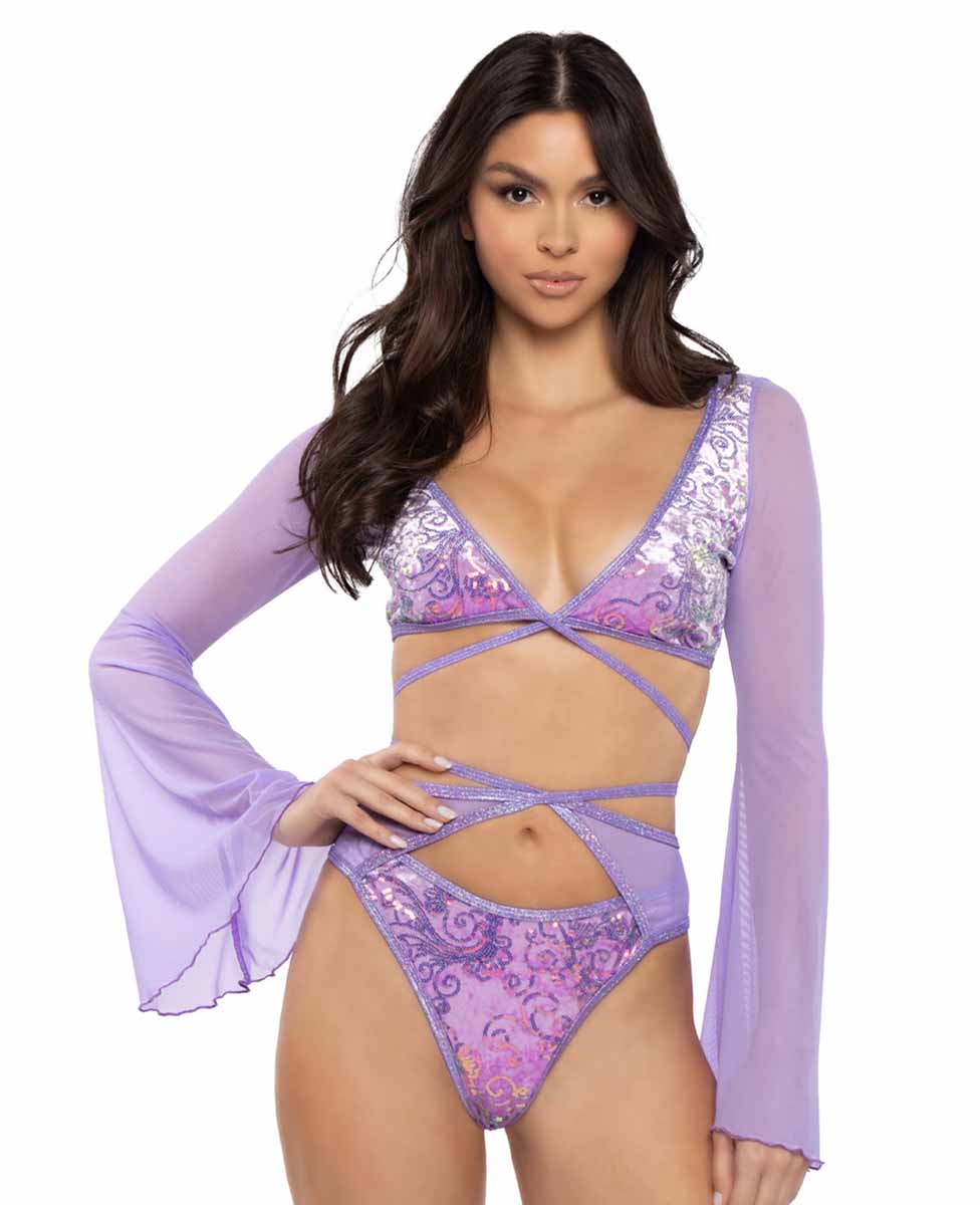 JV-JR133 Lavender Sequin Velvet & Mesh Wrap Top Ravewear Sets JValentine   