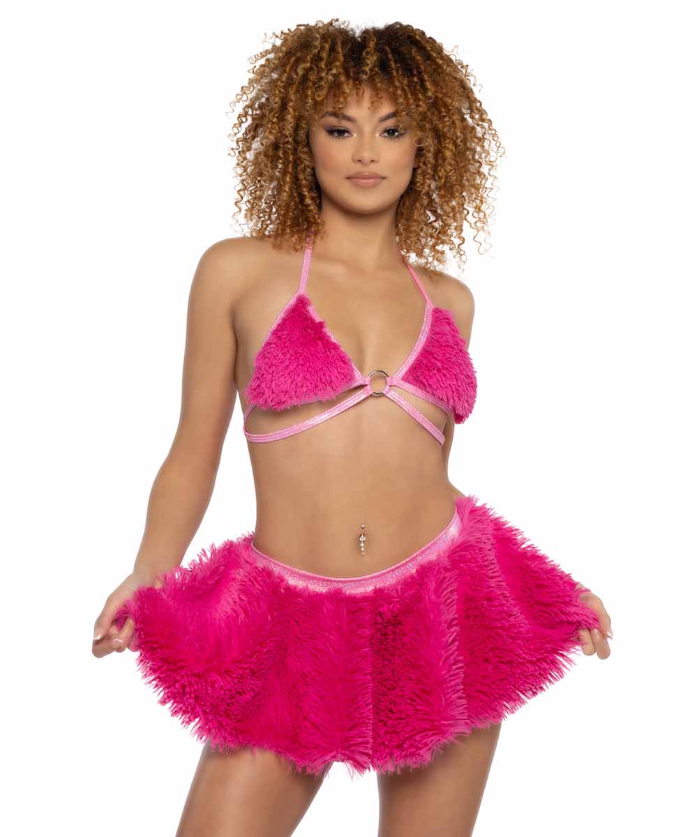 JV-JR148 Neon Pink Faux Fur Circle Skirt Bottoms JValentine   